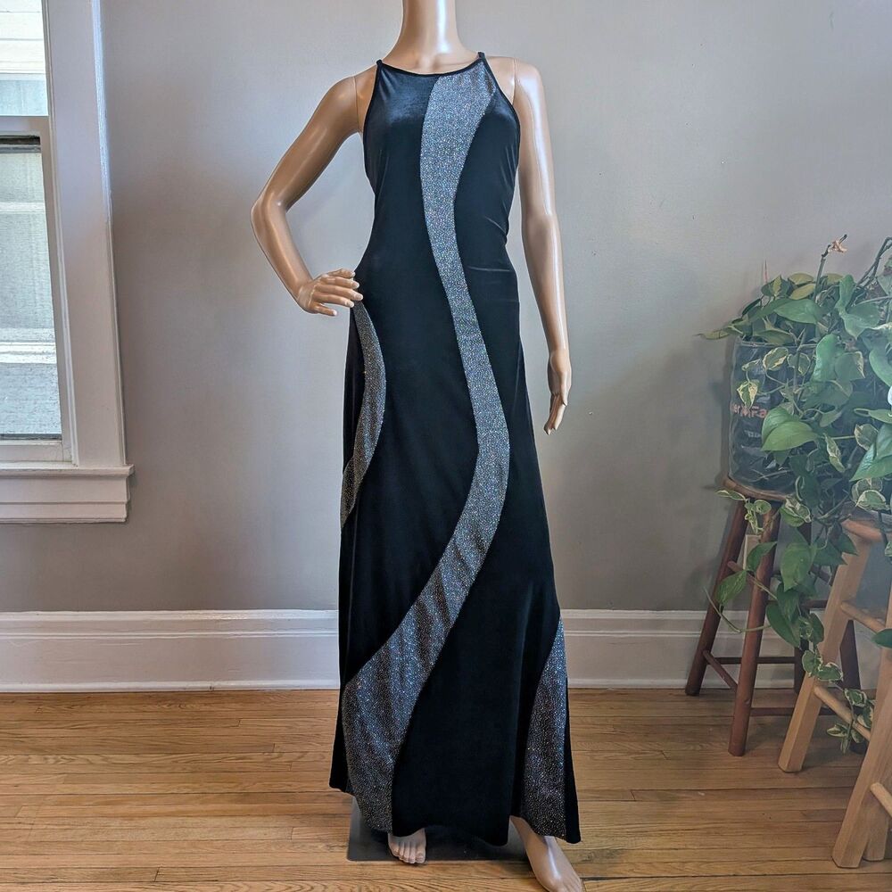 Vintage Y2K Jump Apparel Black Velvet Prom Gown Maxi Dress Glitter Size 3